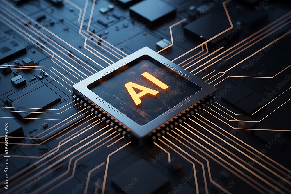 Poster an illuminated ai processor at the heart of a circuit board, symbolizing advanced computing, machine