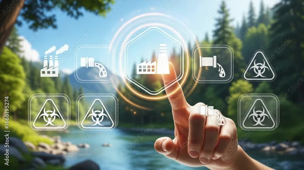 Poster hand touching factory icon with pollution symbols over blurred river and forest background view scen