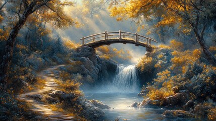 Sunlight streams through a tranquil autumn forest, illuminating a small bridge over a cascading waterfall