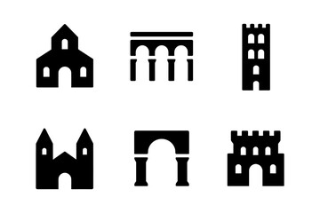 Black silhouette icons of historic architectural landmarks