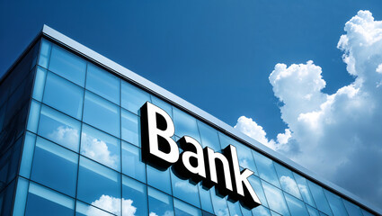 Fototapeta premium Modern Bank sign on glass building in financial district representing corporate finance and investment