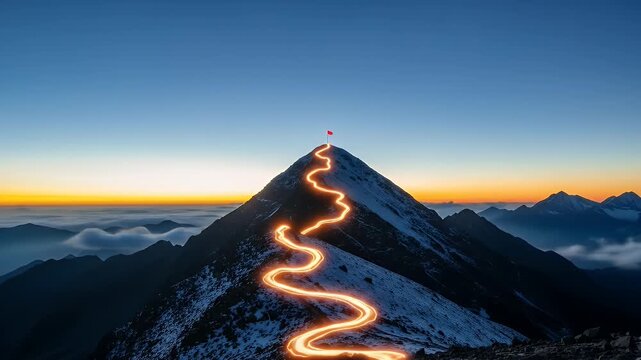 Illuminated path leads to a flag atop a snowy mountain peak