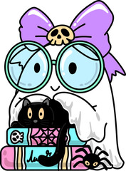 Halloween Cute Groovy Ghost Holding Black Cat and Books Doodle Cartoon
