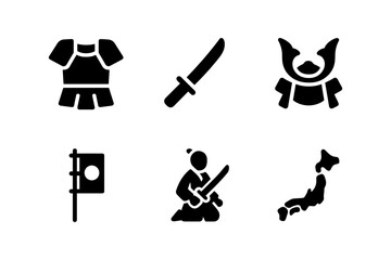 Obraz premium Silhouette icons of japanese samurai elements: armor, sword, and map