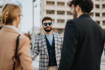 A group of business people are discussing strategies and ideas during an outdoor meeting in a...