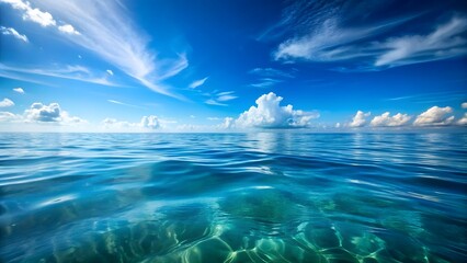 Vast ocean horizon on dramatic blue sky with wispy clouds