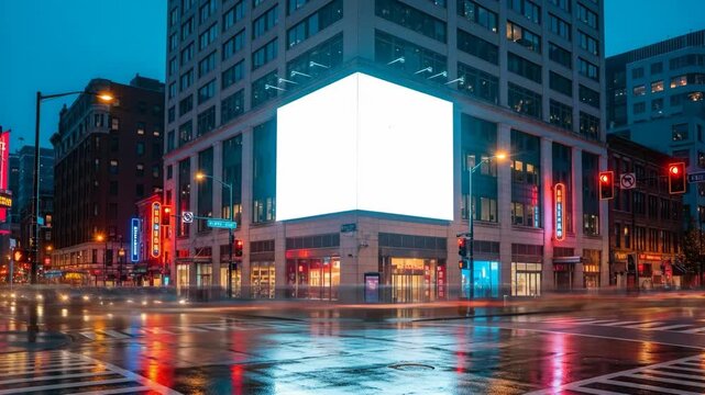 A large blank illuminated white billboard on the corner of a city building at night provides a perfect mockup space for advertising and marketing with traffic light trails

