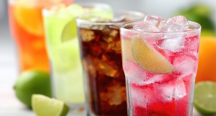 Cool drinks in glasses with ice and lime