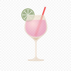 Wine glass for cocktail with green lemon and red straw in minimalistic 3d style isolated on light background. Vector illustration.