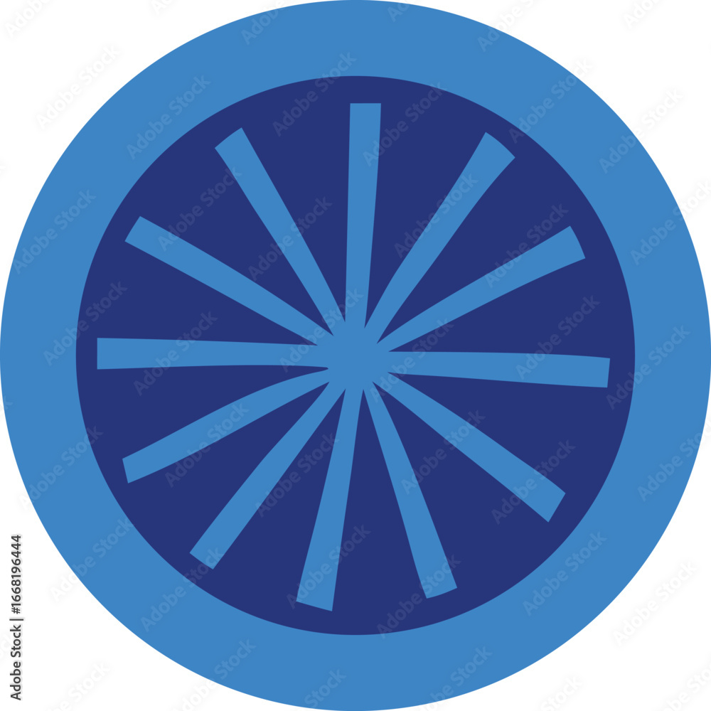 Poster abstract circular geometric design with radial spokes and concentric rings featuring shades of blue 