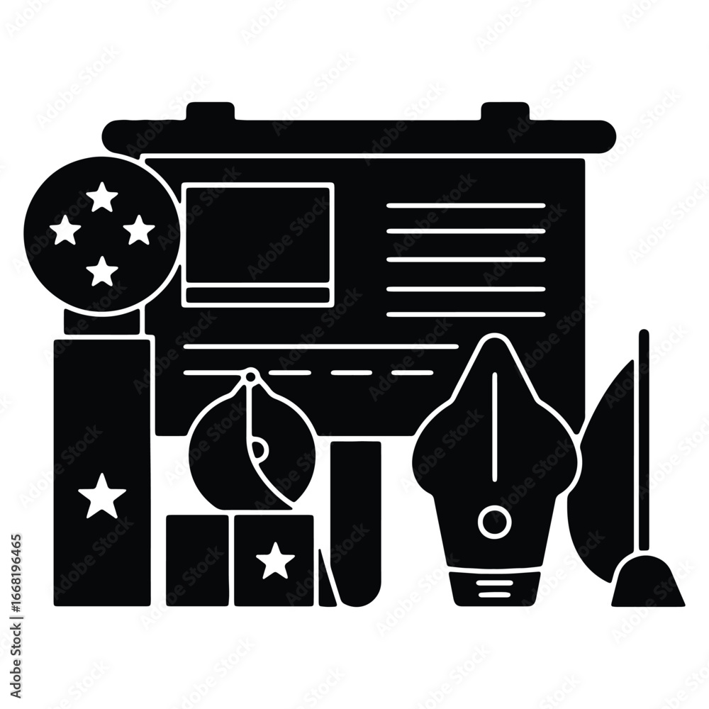 Poster monochrome icon set representing various symbols and objects in a modern minimalist style perfect fo