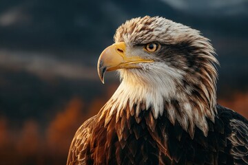 Naklejka premium Big eagle portrait with wings slightly spread and copy space. Golden sunlight. Mountain background.