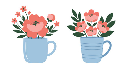 Two blue mugs with pink flowers and green leaves on white background
