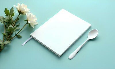 A minimalist scene with a blank white hardcover book mockup, a white spoon, and a sprig of white flowers on a soft, mint green background.