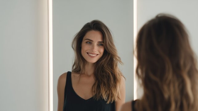 A radiant woman gazes admiringly at her reflection in a modern mirror - Powered by Adobe