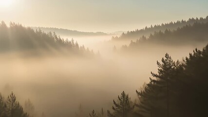 Misty forest valley with sunbeams piercing the fog - Powered by Adobe