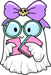 Halloween Cute Groovy Ghost Character with Book and Bow Doodle Cartoon