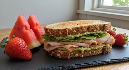 Delicious turkey and avocado sandwich with fresh watermelon and strawberries on a slate board