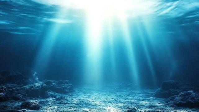 Underwater scene sunlight streams into the blue depth illuminating rocks on the seabed