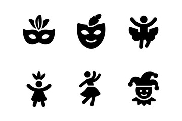 Carnival and celebration icon set: playful black silhouettes of masks and dancers
