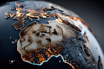 Holographic Earth globe projecting from a sleek device with circuits and digital particles flying with copy space. Vibrant lighting. Minimal dark background.