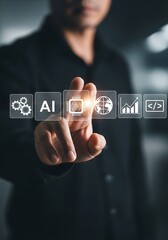 Person touching digital interface with A I icons artificial intelligence