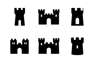 Silhouette castle icons set: minimal fortresses and towers in simple design