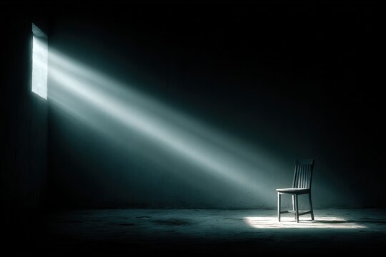NOTHING concept shown as empty chair in an empty room with copy space. Soft cinematic light. Plain background. 