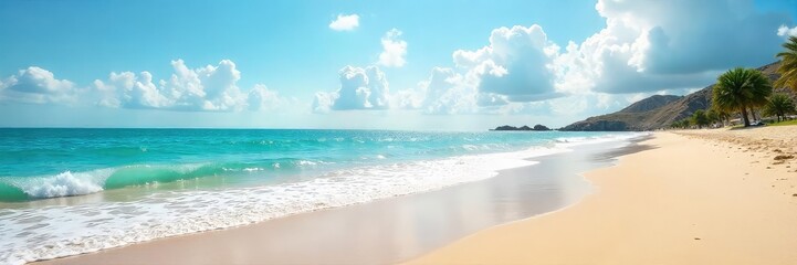 Relaxing summer day at the beach with gentle waves lapping the shore under a partly cloudy sky Perfect for vacation or travel themes , landscape, light, escape