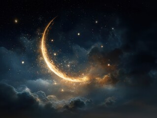 Obraz premium Glowing Crescent Moon in a Starlit Night Sky
