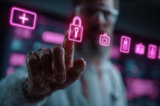 Security technician working with holographic code blocks and padlock icons floating mid-air with copy space. 