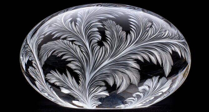 Oval glass orb, detailed frost-like patterns