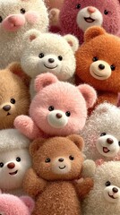 Closeup of Cute Kawaii Plush Bears in Pastel Colors