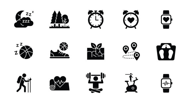Collection of various wellness and fitness related icons and symbols