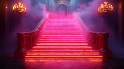 Glowing pink and red neon staircase in a grand architectural photo