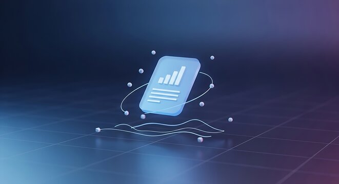 3d render of a digital document with a bar chart and orbiting particles