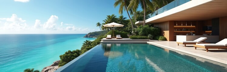 Fototapeta premium Luxurious coastal villa with infinity pool overlooking tranquil turquoise ocean. Modern architecture, tropical setting, pristine waterfront property ideal for exclusive vacation relaxation, elegant