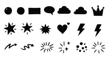 Collection of various black icons and symbols on a white background