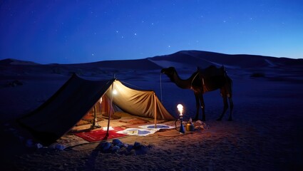 Desert campsite with camel, tent, and lantern glowing under a star-filled night sky. Generative AI.