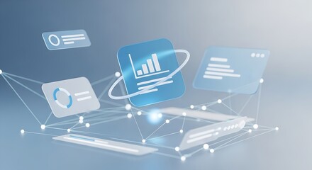 3d visualization of digital data analysis with charts and network connections