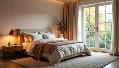 Serene bedroom sanctuary, promoting relaxation and healthy sleep Soft lighting, calming colors, and cozy textures create a peaceful atmosphere for restful nights , relaxation, lighting, serene