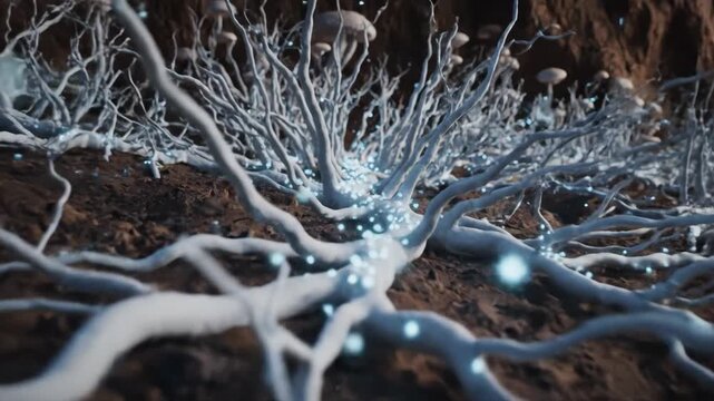 Mycelium Network: Underground Fungal Root System - A detailed close-up of a glowing mycelium network, showcasing the intricate underground root system of fungi distributing nutrients.