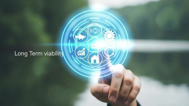 Hand touching blue interface with fish, sun, and chart icons for long term viability concept