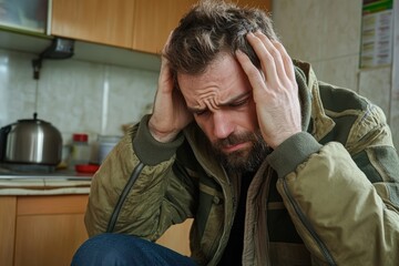 A person with a headache, holding their head in their hands, sitting in a poorly ventilated room, showing symptoms of carbon monoxide exposure