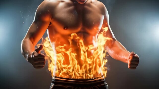 A powerful conceptual image of a fit and muscular man with his abs on fire representing a fast metabolism burning calories and high energy during a workout

