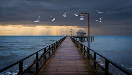Fototapeta premium Long wooden pier stretching into the sea with seagulls flying under dramatic sunset clouds. Generative AI.