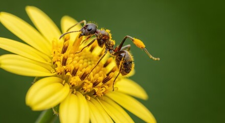 Ant foraging for nectar on a bright yellow flower with natural green background
