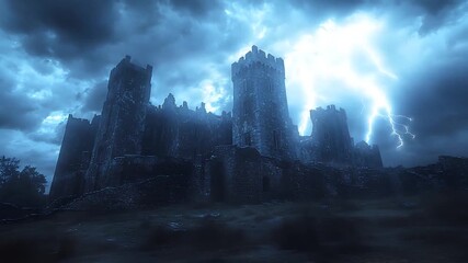 Lightning Strikes Behind Old Stone Castle with Dark Moody Sky - Powered by Adobe
