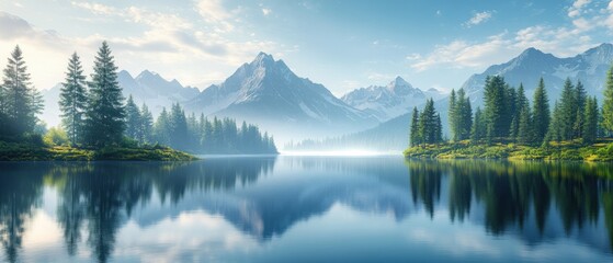 Serene Mountain Lake with Misty Peaks and Reflections