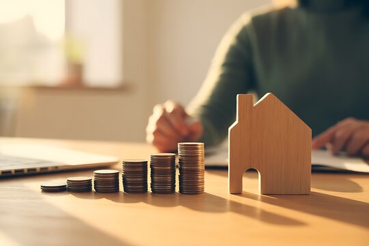 Investing in Real Estate A Visual Depiction of Savings, Growth, and Homeownership, with Stacks of Coins and a Wooden House Model on a Table, person is working with a laptop and documents - Powered by Adobe